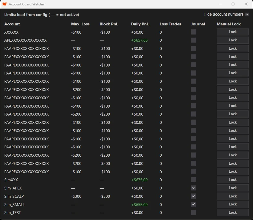 NinjaTrader 8 Account Guard Tool mit Einstellungen für Daily Loss Limit und Trailing Drawdown Schutz für Prop Trading Konten.