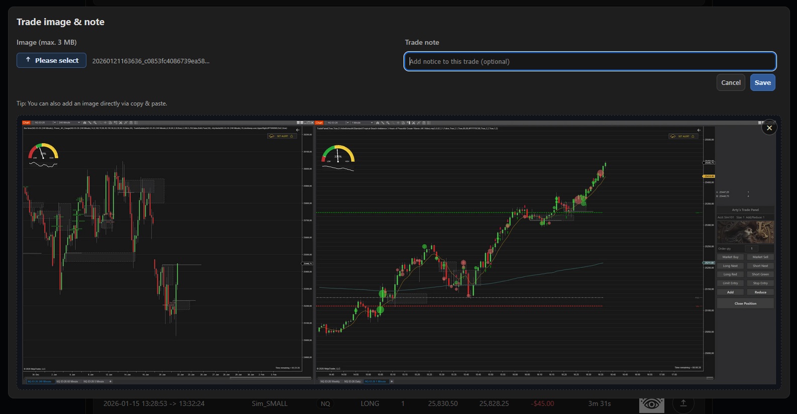 Dialog for trade image and note with uploaded chart